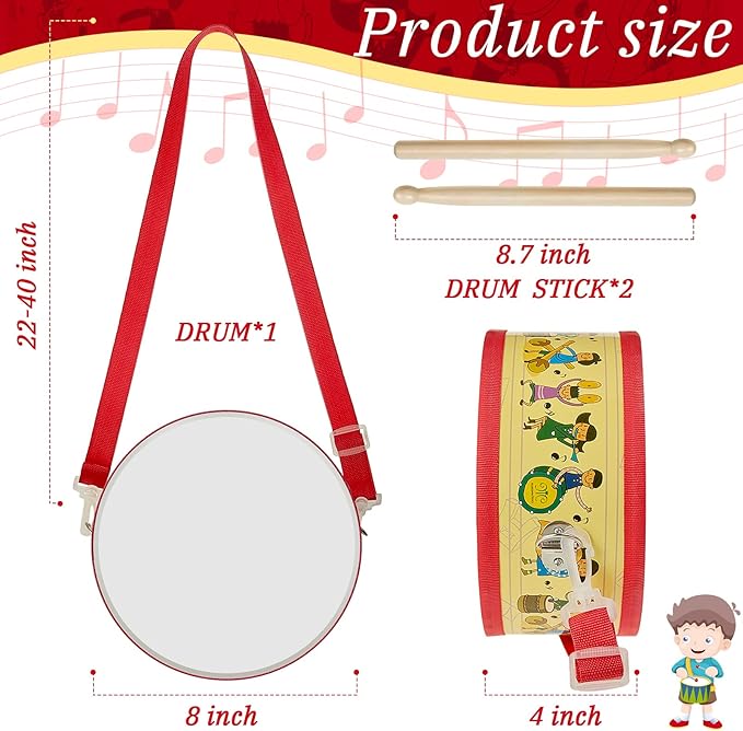 Kids Drum Set 8 Inch Wooden Toy Drum with Adjustable Strap 2 Drumsticks Educational Sensory Musical Instrument Toy Set for Toddlers Kid Baby Boys Girls Gift(Kids Style)