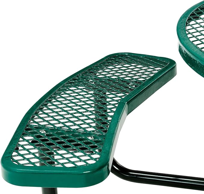 Global Industrial 46" Round Picnic Table, Expanded Metal, Green Thermoplastic Coating, Attached Benches, 1-1/2” Umbrella Pole Hole, Outdoor-Rated, 1000 lb Capacity