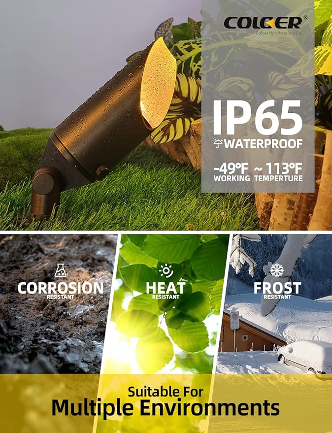 COLOER Die-cast Brass Landscape Spot Lights Outdoor with 5W Aluminum Housing LED MR16 Bulb 2700K 450LM, 12V AC/DC Low Voltage LED Landscape Lighting, Outdoor Directional Up Light(103B, 1-Pack)