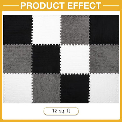 12 Pcs Plush Interlocking Carpet Tiles, Non-Toxic Foam Carpet Tiles for Toddler Baby, Machine-Washable, Anti-Slip, EVA Foam Interlocking Tiles for Floor, Nursery, Playroom, Grey White Black