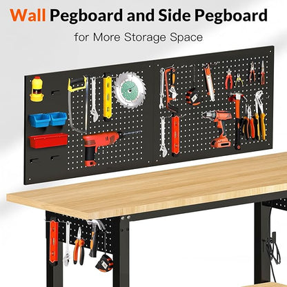 60“ Adjustable Height Workbench Work Bench for Garage Work Table with Under Table Shelf Heavy Duty Rubber Wood Top for Shop Woodworking, Office, Home, Commercial