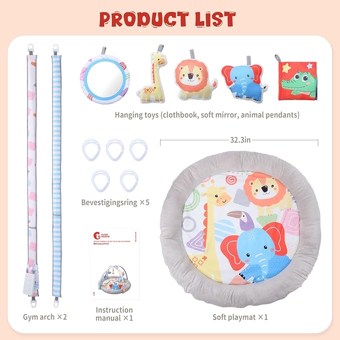 CUTE STONE Baby Gym Play Mat & Tummy Time Mat with Lights, Sounds, and Detachable Toys, Adjustable Volume Activity Gym for Infant Sensory & Motor Development, Newborn Baby Gift