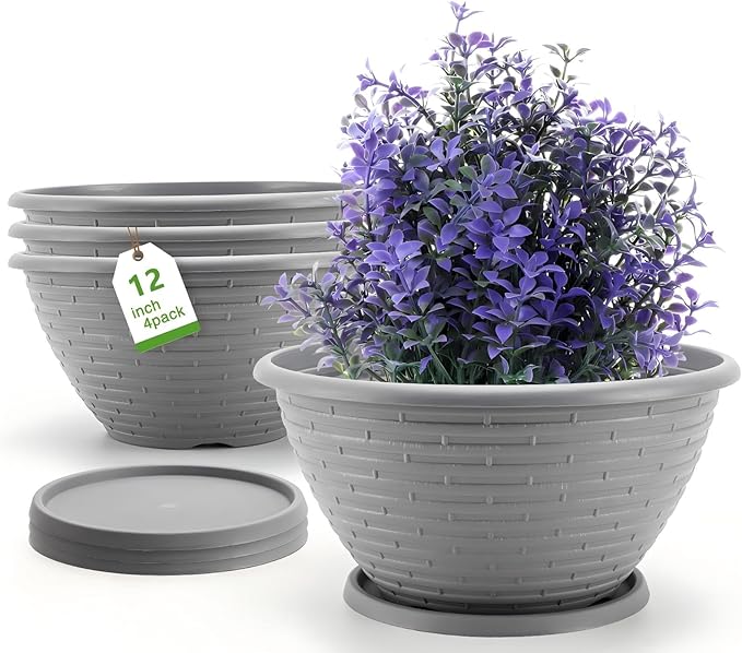 Quarut Large-Planter-Indoor-Outdoor Plant Pots, 12 inch 4 Pack Flower Pots with Saucer and Drainage Holes, Modern Planters for Planting Medium Large Plants,Decorative Resin Garden Pots(Grey)