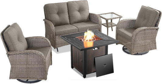 5 Pieces Outdoor Patio Furniture Set with 50000 BTU Propane Fire Pit Table, Deep Seating Wicker Swivel Rocker Chairs and Loveseat Glider Patio Conversation Set for Deck Poolside Backyard