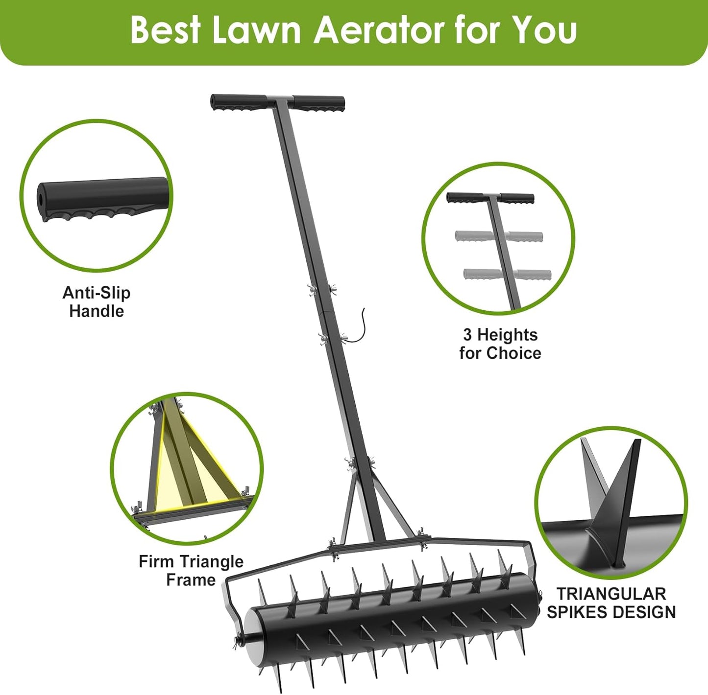 Seeutek 18 Inch Rolling Lawn Aerator, Upgraded Heavy Duty Aerator Lawn Soil Penetrator Spikes w/ 3 Adjustable Height Handles, Manual Aerator Lawn Tool for Garden Yard