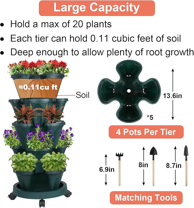 Vertical Planter 5 Tier Stackable Planters Garden Planters Strawberry Herb Flower and Vegetable Planter Indoor Outdoor Gardening Pots with Removable Wheels and Tools 2-Pack
