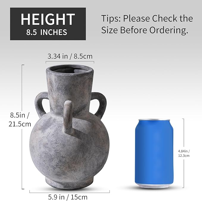 Rustic Grey Terracotta Ceramic Vase with Handles, Vintage Pottery Floral Vases, Cottage Core for Home Decor Table Centerpiece, Large Flower Vase for Bouquets Table Mantel Bedroon Bathroom 8.5 Inch