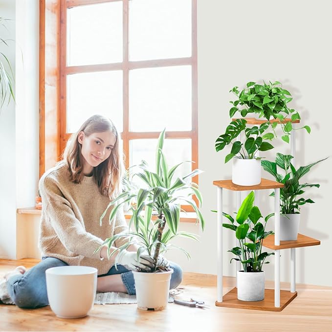 4 Tier Wood Tall Plant Stand Metal Rack Indoor, Multiple Flower Pot Holder Shelves Corner Rack, Planter Shelf Display Rack Storage Organizer for Patio Living Room Balcony Garden(White)