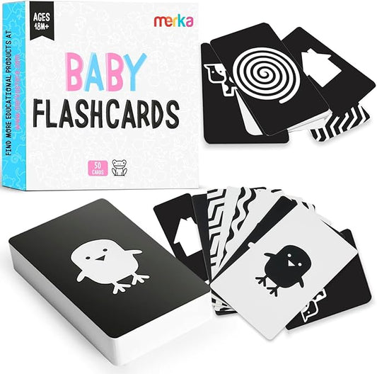 Merka Newborn Toys & Sensory Flash Cards for Babies - High Contrast Baby Cards - 50-Pack Paper, 2.4 in x 4.2 in, Black & White - Visual Stimulation & Brain Development for 0-3 Months