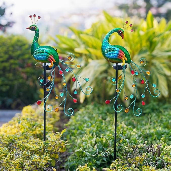 VEWOGARDEN 2 Pack Solar Stake Lights Outdoor Waterproof Metal Peacock Solar Lights for Yard Garden Patio Pathway Walkway, Green