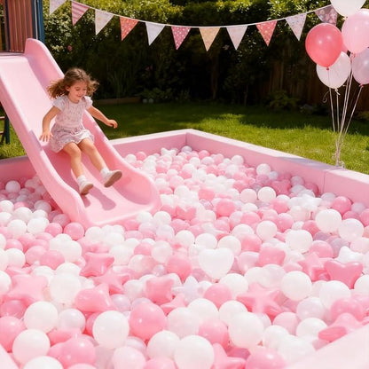 GOGOSO Pink Ball Pit Balls with Star Bals Heart Balls 100 - Crushproof Plasticballs for Babies Toddlers Kids Children for 1 2 3 4 5 Years Old,5 Colors,2.15inches