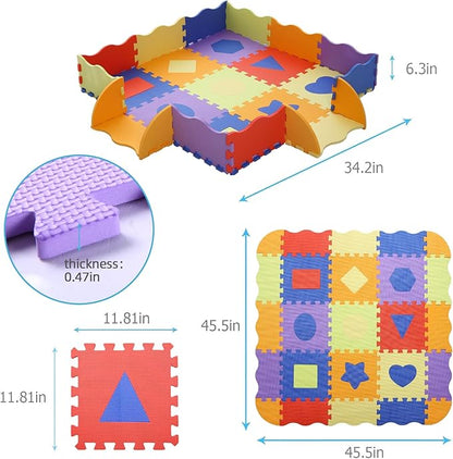Foam Play Mat for Kids，25Pcs Square Interlocking Puzzle Floor Mat，Baby Play Mat Floor Mat Foam Puzzle Playmat for Toddlers with Fence（Shape-CSH028