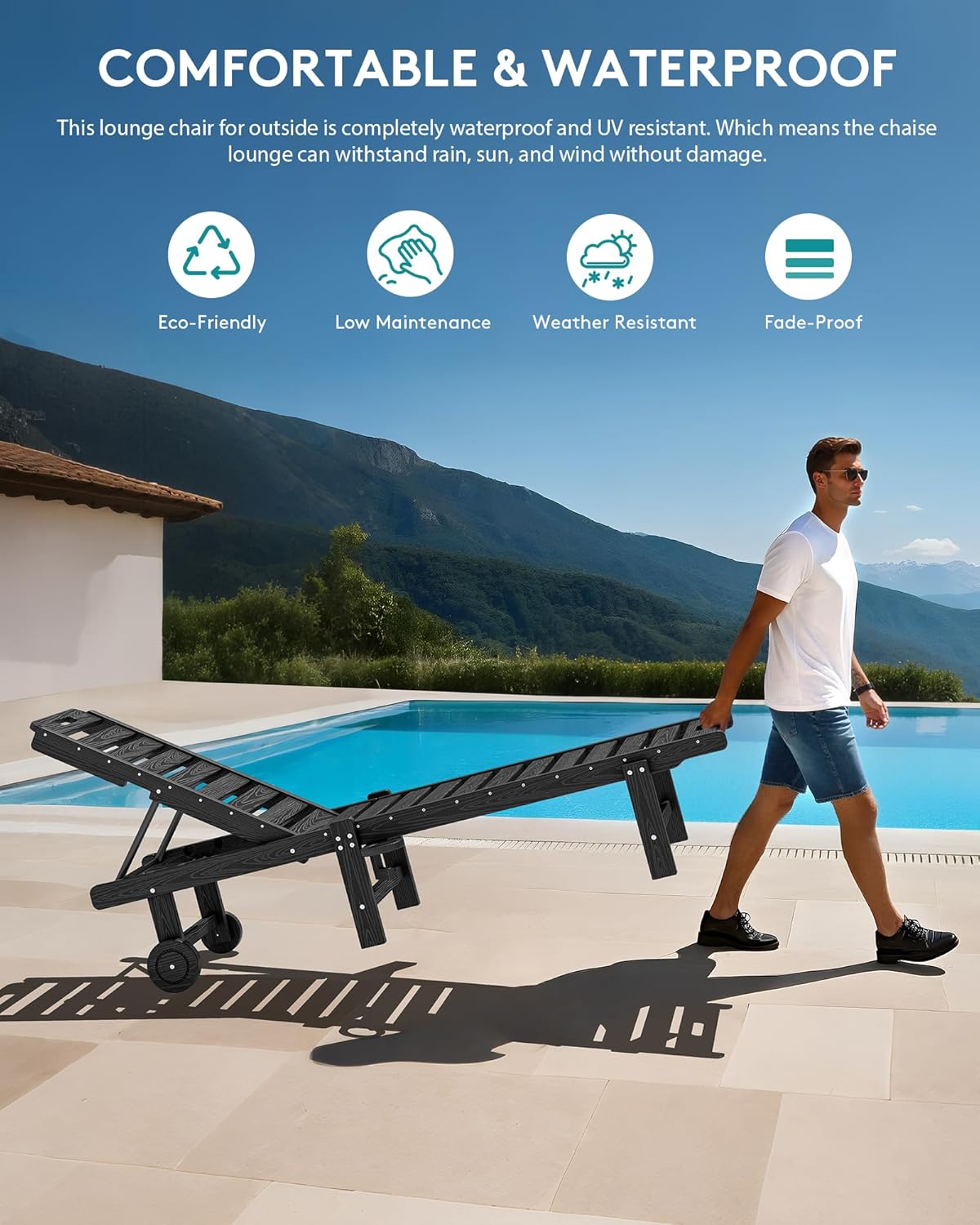 SERWALL Patio Chaise Lounge Set of 4, HDPE Outdoor Lounge Chair with Cup Holder, 5 Positions Adjustable Poly Lounge Chair with Rolling Wheels for Poolside, Deck, Sunbathing, Black