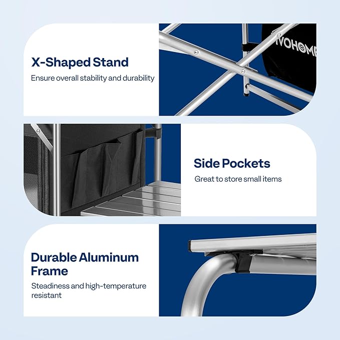 VIVOHOME Folding Camping Kitchen Station Table with Storage Organizer, 2 Side Tables, Stainless Steel Windscreen, Outdoor Portable Cook Station for BBQ, Picnics