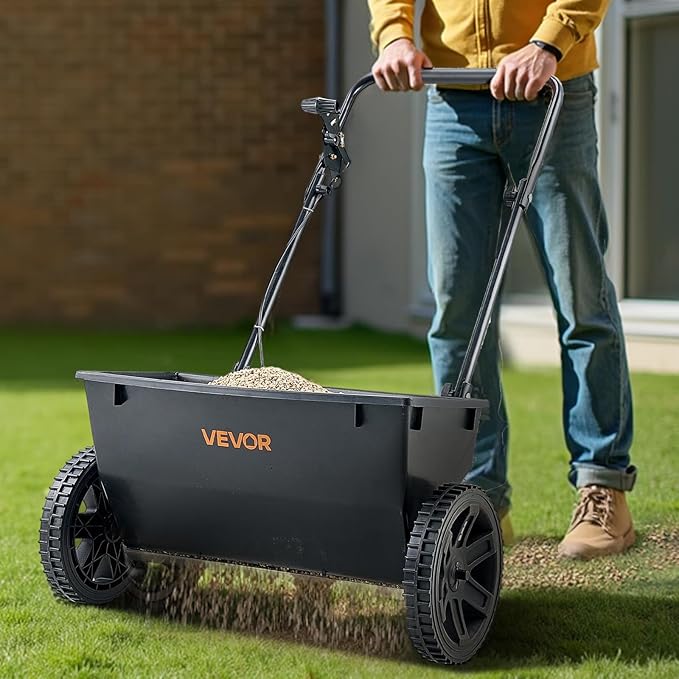 VEVOR Broadcast Spreader, 50LBS Capacity, Walk-Behind Push Spreader, 18 in Spreading Width, 8 in All Terrain Pneumatic Tires, Lawn Spreaders with Hopper Grate, for Seed, Fertilizer, Ice Melt