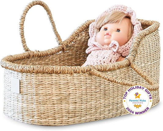 BEBE BASK Premium Baby Doll Bassinet - Handcrafted & Award-Winning Seagrass Moses Basket - Doll Carrier with Luxe Mattress