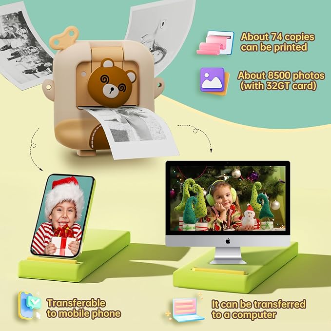 Kids Camera Toys with Cartoon Silicone Cover, Digital Mini Camera for 3 4 5 6 7 8 9 10 11 12 Year Old Boys Girls Birthday Chirstmas Gifts Ideas - Personal Video Players (Bear Brown)