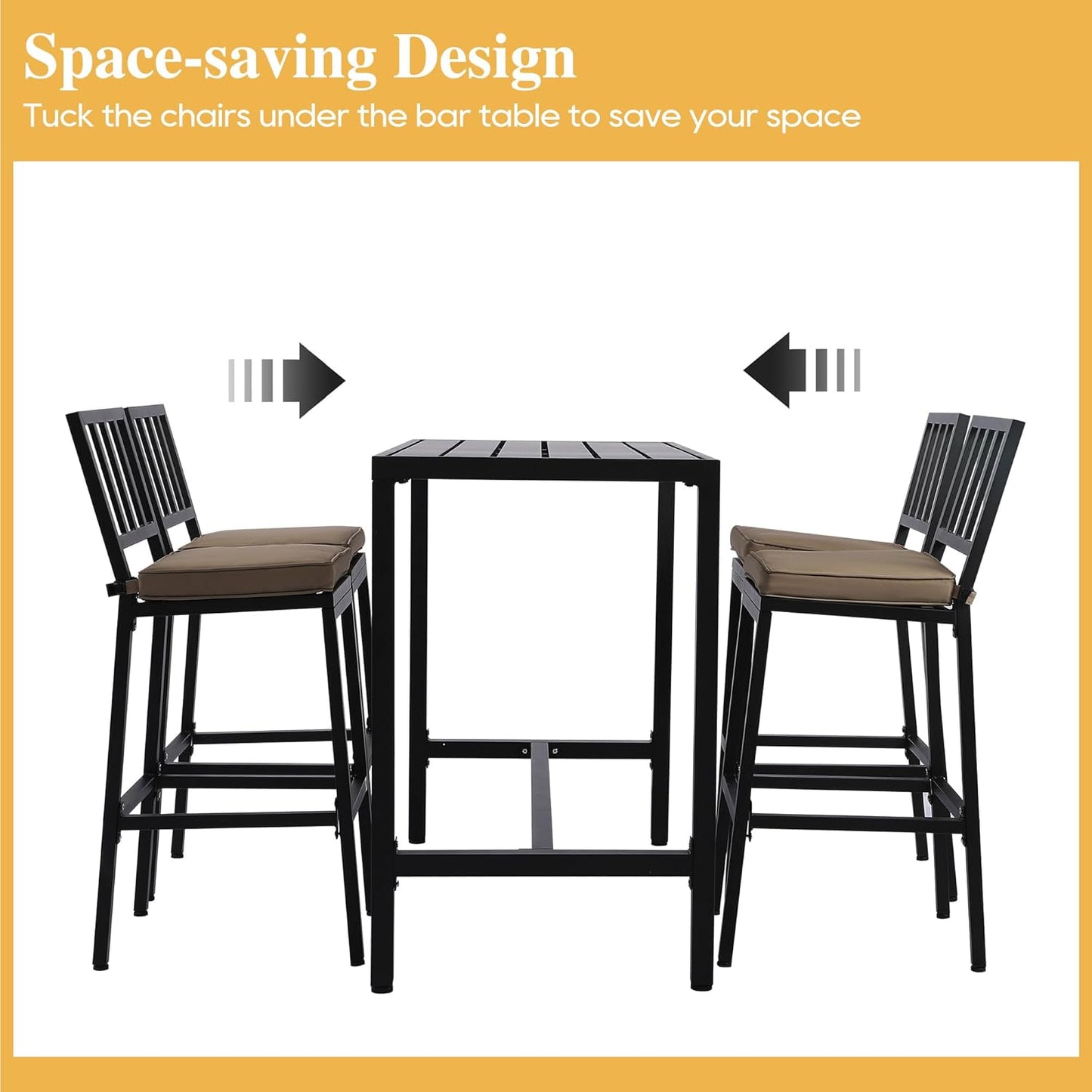 Outdoor Patio Bar Set, Bar Height Patio Dining Set, Weather-Resistant Bistro Counter Pub Set with Cushions & Slatted Tabletop for Backyard