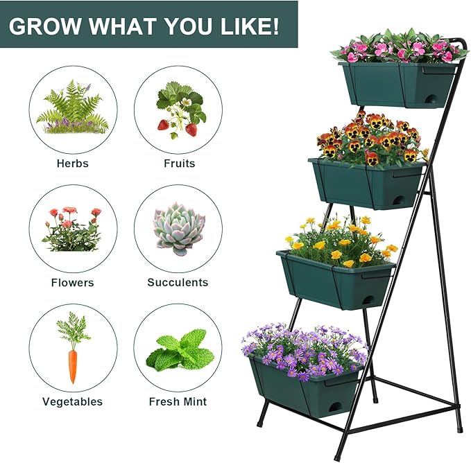 Raised Garden Bed 4 Tier Vertical Garden Planter Herb Garden Planter Outdoor with Drainage Holes Removable Tray for Patio Balcony Porch (Green)