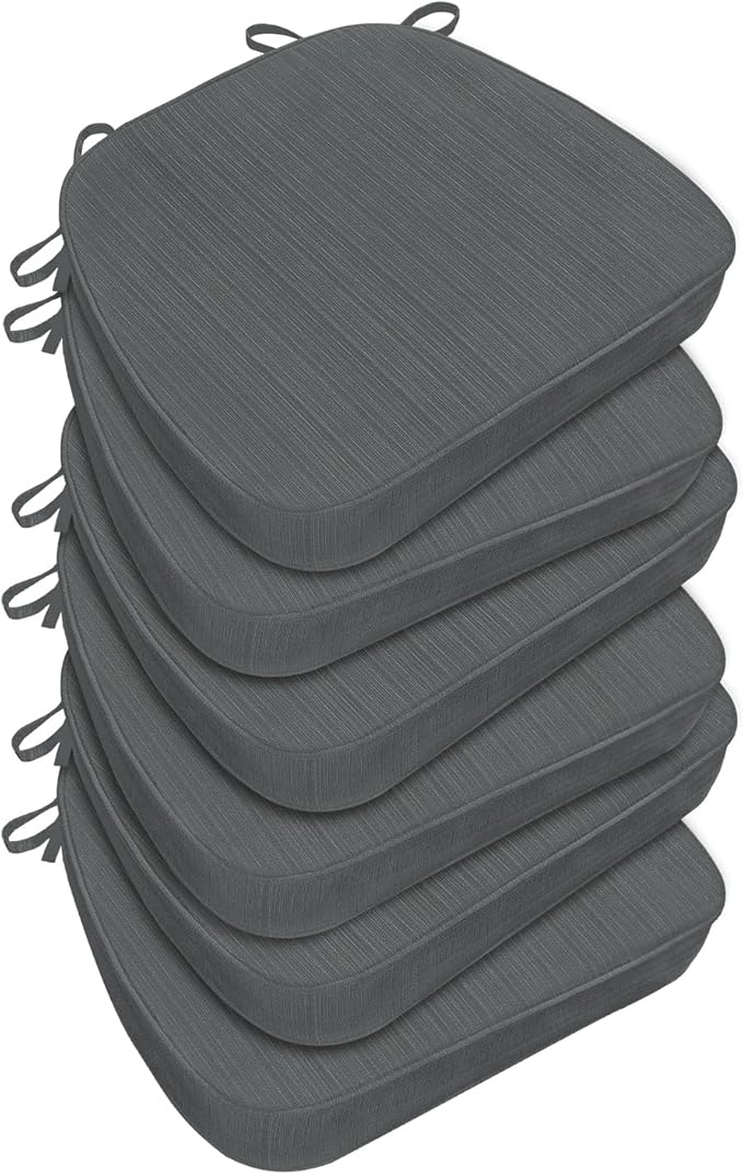 Chair Cushions for Dining Chairs, Indoor Chair Cushions with Ties，Waterproof Chair Pads Set of 6, Dark Grey, 17x16x2.5 Inch