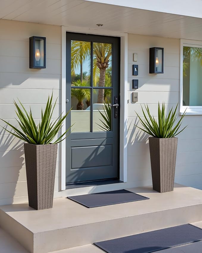 Greesum 24 Inch Tall Plastic Planters with Rattan Texture – Set of 2, Detachable Inner Pot & Drainage Holes, Indoor/Outdoor Decorative Flower Pots for Large Plants, Trees, Patio, and Garden, Brown