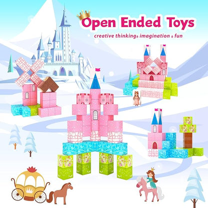 64 Pcs Magnetic Blocks-Princess Castle Collection World,Magnetic Building Blocks for 3+ Year Old Boys & Girls, Creative STEM Sensory Toys,Christmas Birthday Gifts for Kids Ages 3-8