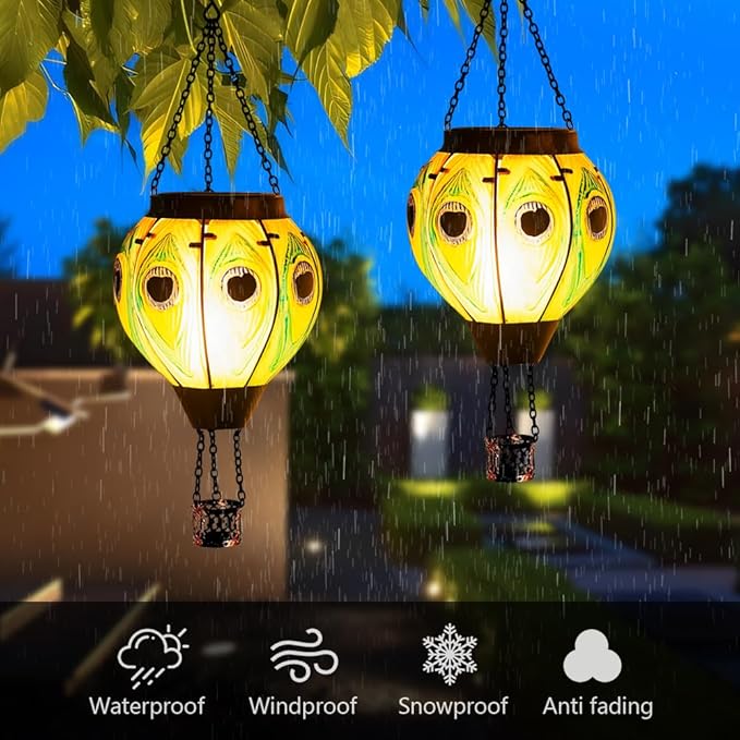 Starsoul 2 PC Peacock Hot Air Balloon Solar Lantern with Flame Glass Outdoor Hanging Hot Air Balloon Solar Light Waterproof Garden Patio Yard Party Decorations