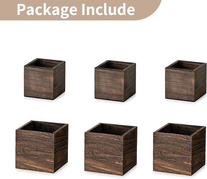 NUPTIO Wooden Box for Centerpiece Wedding: 6 Pcs Rustic Square Planter Box for Christmas Centerpiece Table Fall Decorations - 4×4" & 5×5" Small Wood Vases Flower Pots for Windowsill Home Garden Decor