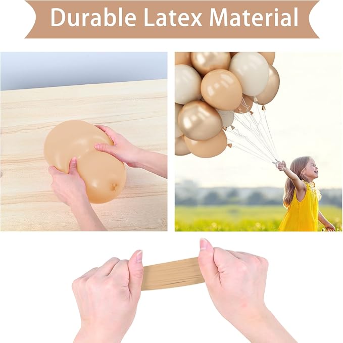 FEYG 50PCS Beige Balloons, 12 Inch, Cream, Nude, Sand, White, Metallic Gold, with Ribbons for Baby Shower, Birthday, Theme Party Decorations