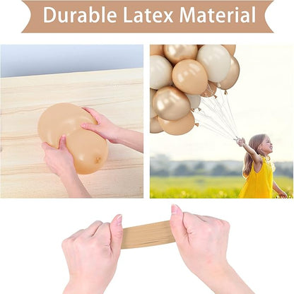 FEYG 50PCS Beige Balloons, 12 Inch, Cream, Nude, Sand, White, Metallic Gold, with Ribbons for Baby Shower, Birthday, Theme Party Decorations