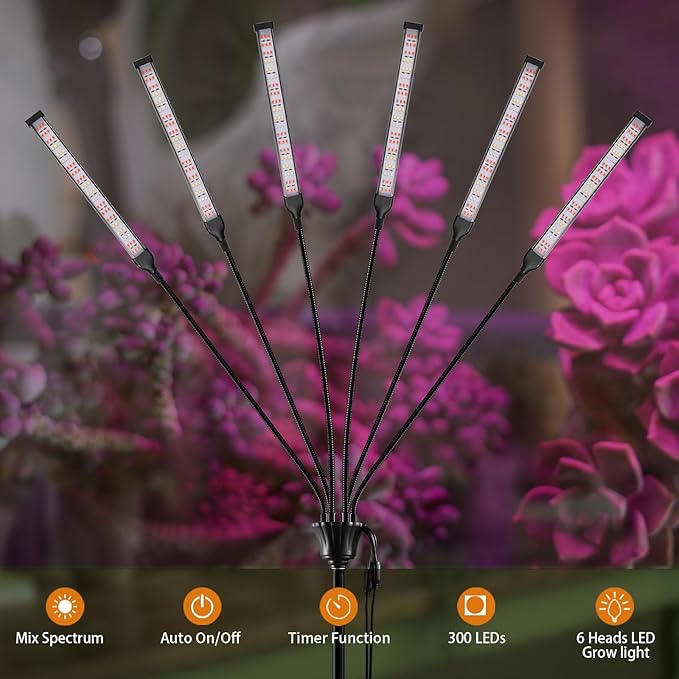 Grow Lights for Indoor Plants Full Spectrum with Stand and Timer, (Red+Blue+White) 6 Heads LED Plant Lights for Indoor Growing, Standing Floor House Plant Lamp for Seed Starting.