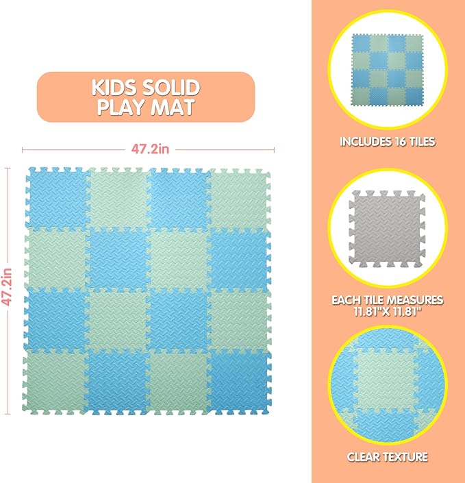 16 Tiles Foam Play Mat for Baby, Soft & Safe EVA Foam Mats for Floor, Square Baby Play Mat, Kids Foam Puzzle Floor Mat, 47x47 Play Mat for Playpen(Bean Green/Light Blue)