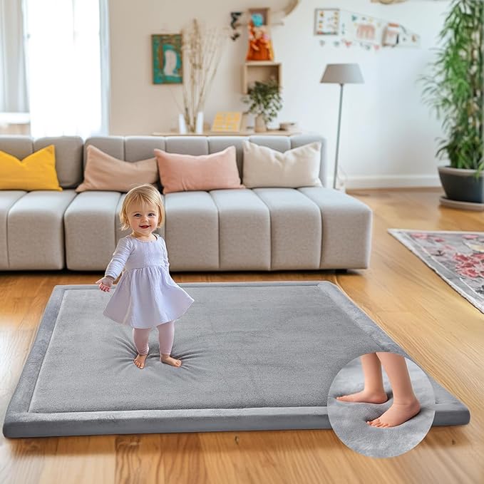 Mallify Ultra Soft 1.3" Thick Baby Play Mat for Floor, Large Velvet 50x50 Playpen Mat, Baby-Safe & Non-Slip Tummy Time Mat, Crawling Mat for Babies, Toddlers, Infants, Kids, Easy Care, 50"x50", Gray