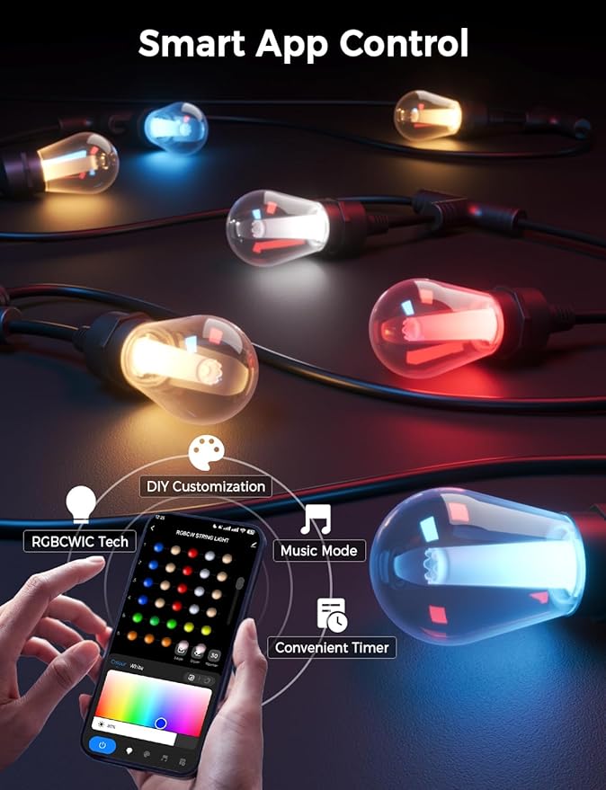 XMCOSY+ Outdoor String Lights Smart, 49Ft RGBCWIC Patio Lights Waterproof, App Control, Compatible with Alexa, Color Changing LED String Light for Outside Yard Garden Porch