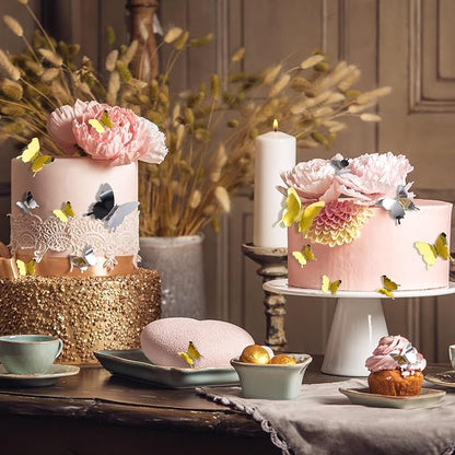 BBTO 48 Pieces Butterfly Wall Decor DIY Mirror 3D Butterfly Stickers Removable Decals for Home Bedroom School Bathroom Living Room Decor(Gold,Silver)