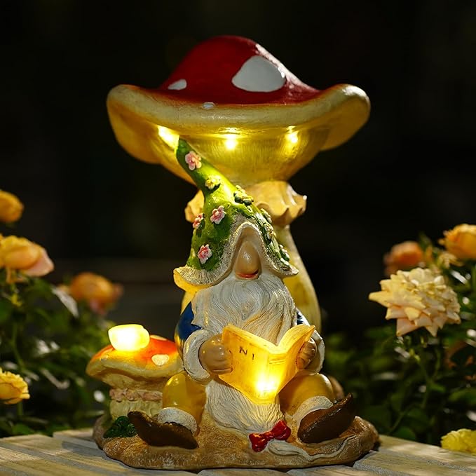 Upgraded Size Solar Garden Outdoor Statues Gnome Reading Under Mushroom with 5 LED Solar Figurine for Lawn,Patio,Balcony,Yard Decor Unique Housewarming Gift for Grandfather, Father,Grandma,Wen