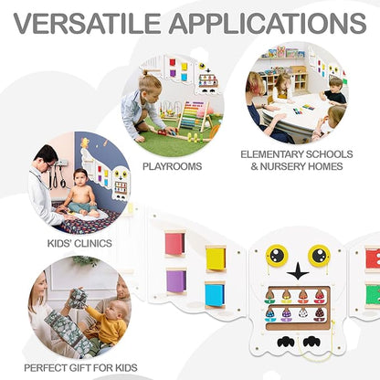 Monläurd® Montessori Owl Busy Board - Sensory Wall Panel for Toddlers, Wooden Activity Board for Kids 6M+, Montessori Educational Toys for Baby Learning, Playroom & Daycare Furniture
