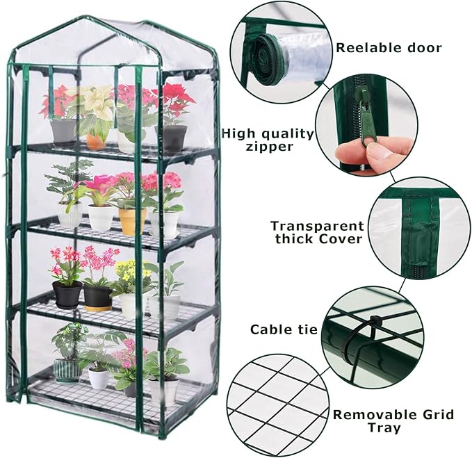 Mini Greenhouse for Indoor Outdoor, Plant Green House 4-Tier Rack Stand Portable Greenhouses with Durable PVC Cover for Seedling, 2.5x1.6x5.2 FT,(PLGH704P)