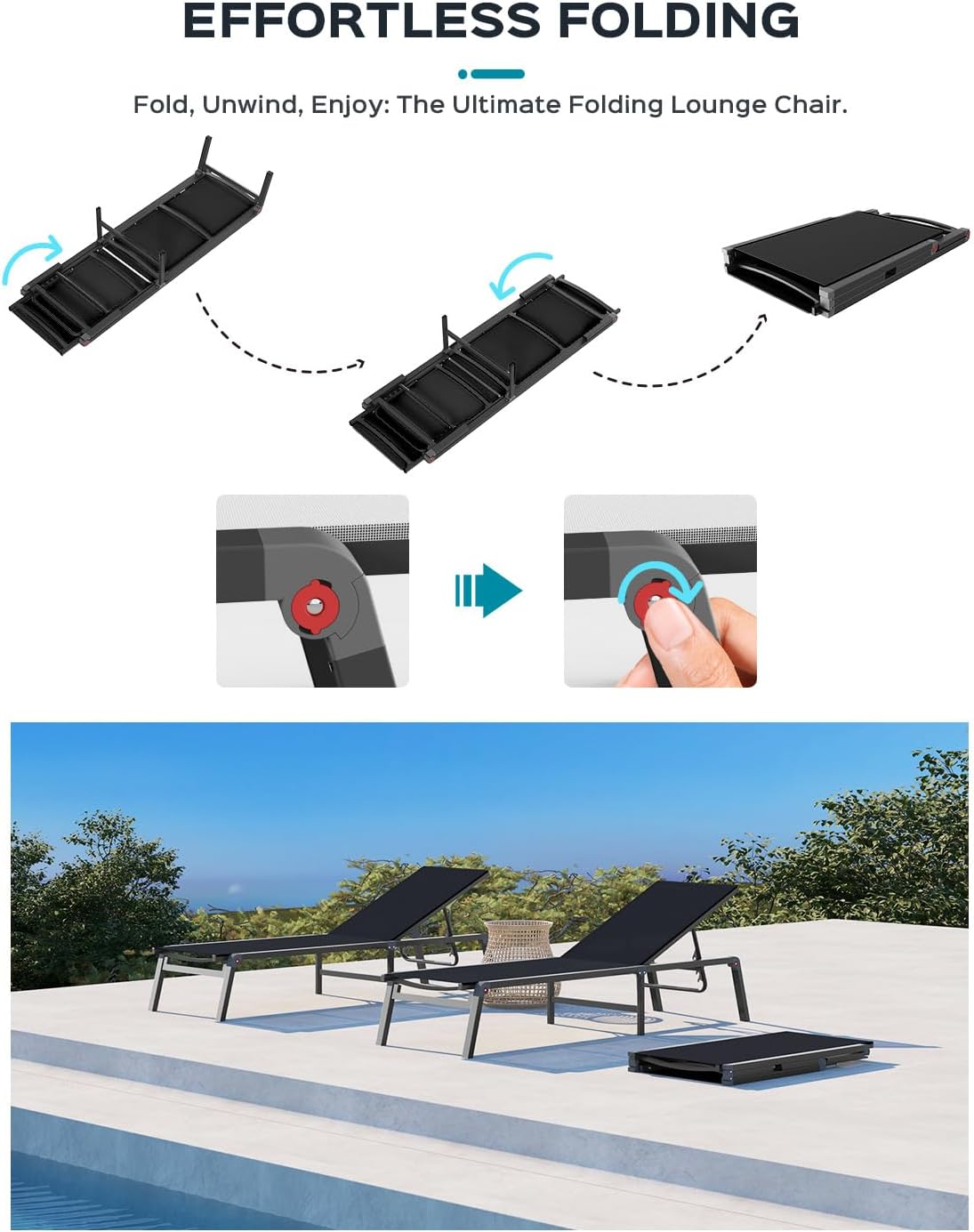 Patio Chaise Lounge Chair, Foldable Lounge Chair for Outside, Aluminum Chairs Set of 2 with 5 Adjustable Backrest, Outdoor Pool Lounger for Poolside, Lawn, Deck, Black