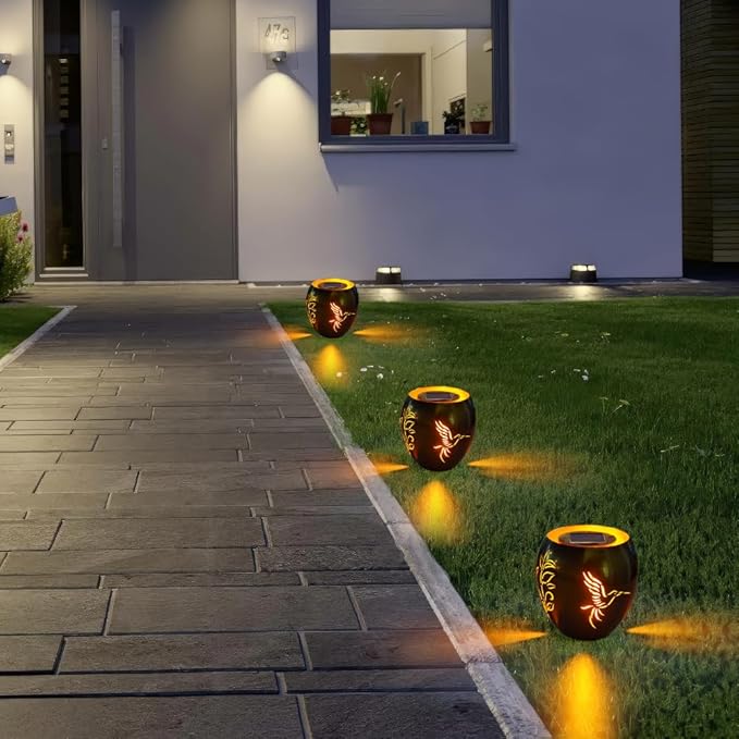 VEWOGARDEN Solar Lanterns Outdoor Waterproof Hummingbird & Plant Hollowed-Out Metal Lantern Solar Lights with Flickering Flame for Patio Porch Table, Green