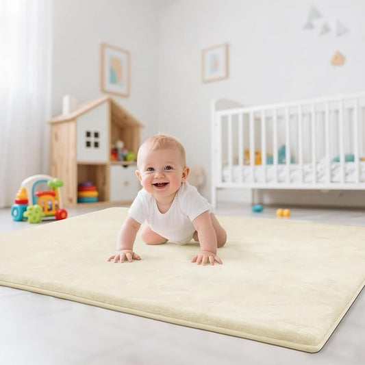 ACOMOPACK 1.3" Thick Baby Play Mat for Floor 59x71"-Large Water-Repellent&Non-Slip Memory Foam Mat for Kids,Toddlers,Soft Velvet Nursery Rug for Tummy Time&Crawling,Yoga,Tatami Style(Beige)