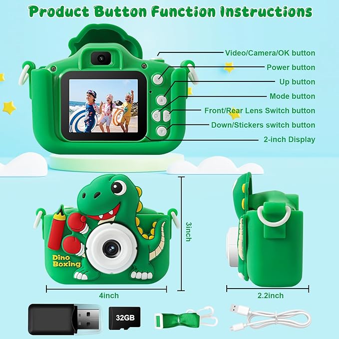 Kids Camera, Dinosaur Kids Camera for Kids Boys, Toddler Camera Digital Camera for Kids Age 3-12, Christmas Birthday Gifts Toys for 3 4 5 6 7 8 9 10 Years Old Boys, 1080P HD Selfie Video Camera
