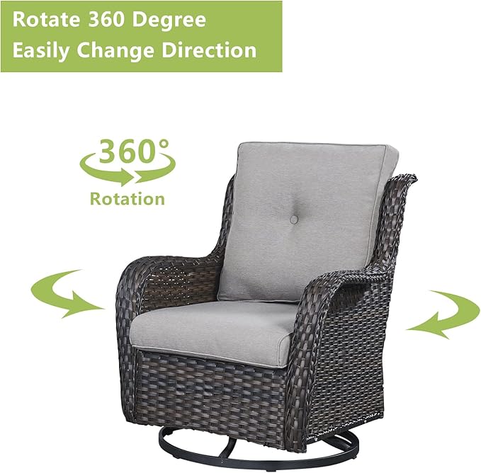 Outdoor Wicker Patio Furniture Set - 6 Piece Rattan Patio Conversation Set with 2 Rocking Swivel Chairs,2 Ottomans,1 Loveseat and 1 Coffee Table for Porch Deck Backyard Garden(Brown/Grey)