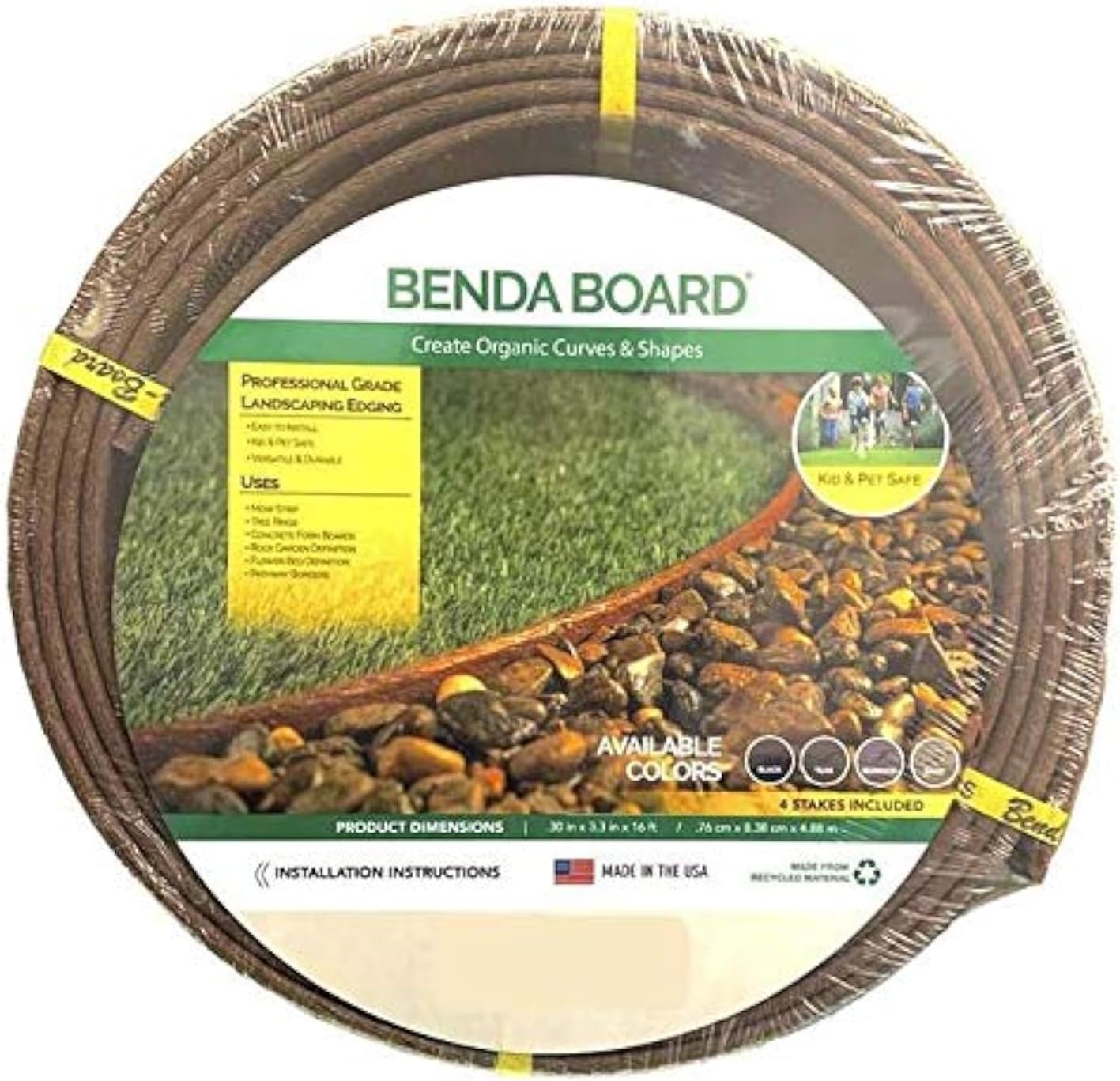 USA Made - Heavy Duty Landscape Edging, Garden Planter & Pathway Bender Board Edge Border Kit - Thick Terrace Board 3.3" H x 16'ft L - Includes 4 Stakes
