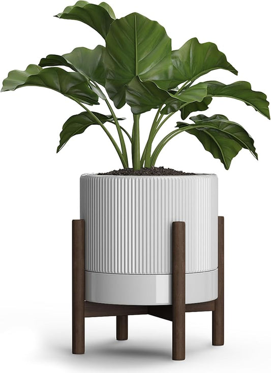 Ceramic Planter Pots Indoor with Drainage Hole & Saucer,Including Stand,7.3 Inch Mid-Century Modern Cylinder Plant Pot for Snake Flower Leaf
