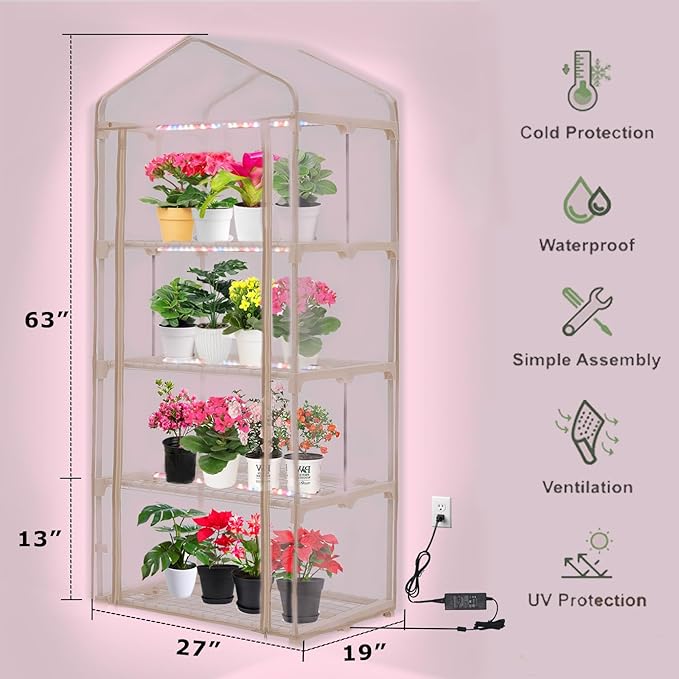 Mini Greenhouse with Grow Light , 4 Tier 27.2" ×19.9" ×61.8" Portable Greenhouse with Zippered for Seed Starting Trays , Dimmable 2ft 60W Plant Light for Indoor Plant with Timer(PLGH704OWPT)