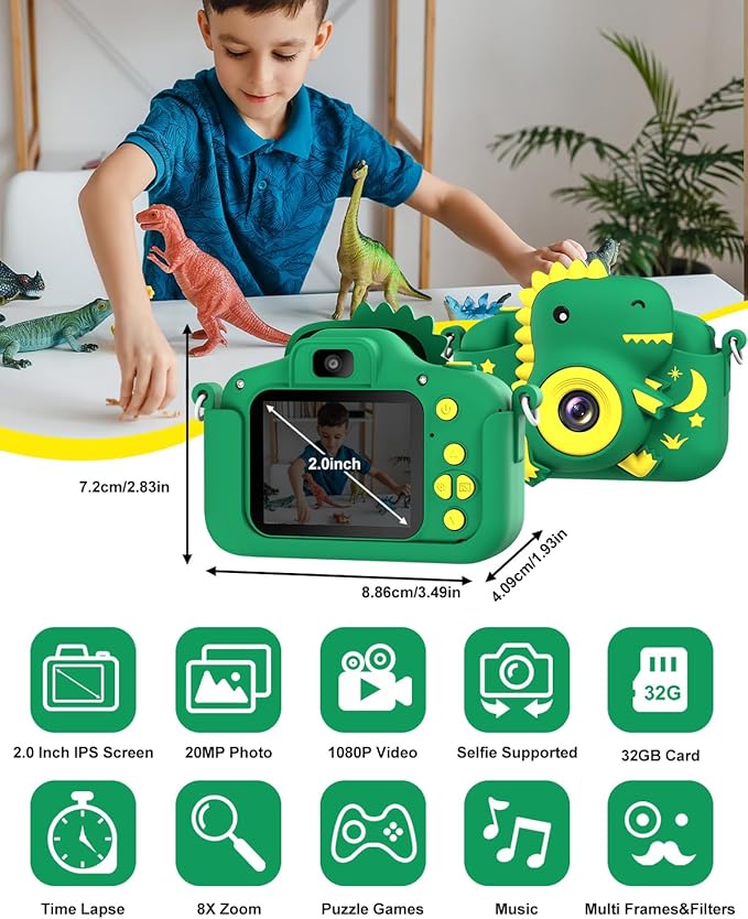 Kids Camera, Dinosaur Toddler Digital Camera for Ages 3-12 Boys Girls Childrens, Christmas Birthday Gifts, Selfie 1080P HD Video Camera for 3 4 5 6 7 8 9 Years Old Boys Girls Toys Gifts
