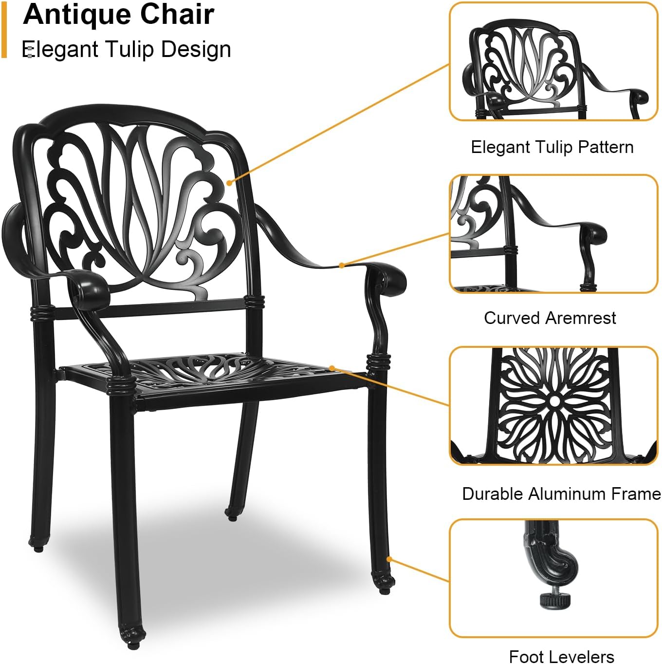 3 Piece Outdoor Bistro Set, All-Weather Patio Cast Aluminum Table and Chairs Set of 2 with 2.4" Umbrella Hole for Patio, Front Porch,Garden, Backyard, Balcony, Black