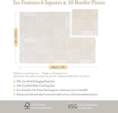 Popsykosy Premium Exercise & Baby Foam Play Mats - Stylish & Large Non-Toxic Puzzle Floor Mat - 6 Tiles - Spacious 6ft x 4ft - Peel-Resistant Reinforced Version - Soft, Thick, Waterproof -Totem Beige