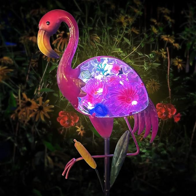 Solar Garden Lights, Glass & Metal Flamingo Solar Garden Decor Solar Pathway Lights Solar Garden Stakes Decorative Yard Art Yard Decor Waterproof for Patio Lawn Courtyard